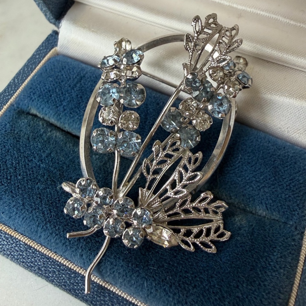 Vintage Star-Art Sterling Silver Blue Crystal Brooch Pendant Floral Art Jewelry
